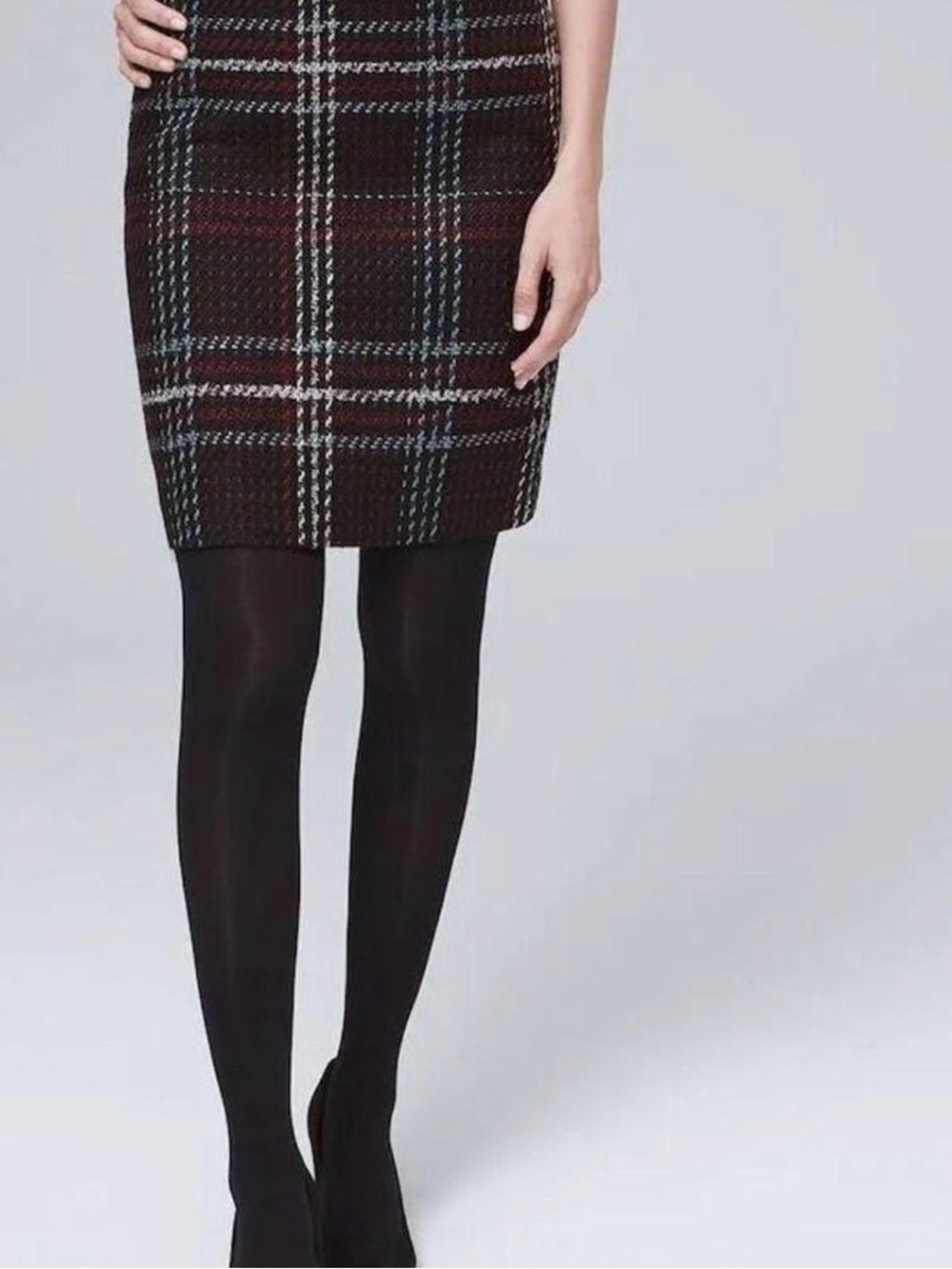 White House Black Market Brown Plaid Pencil Skirt with Black & Red Accents